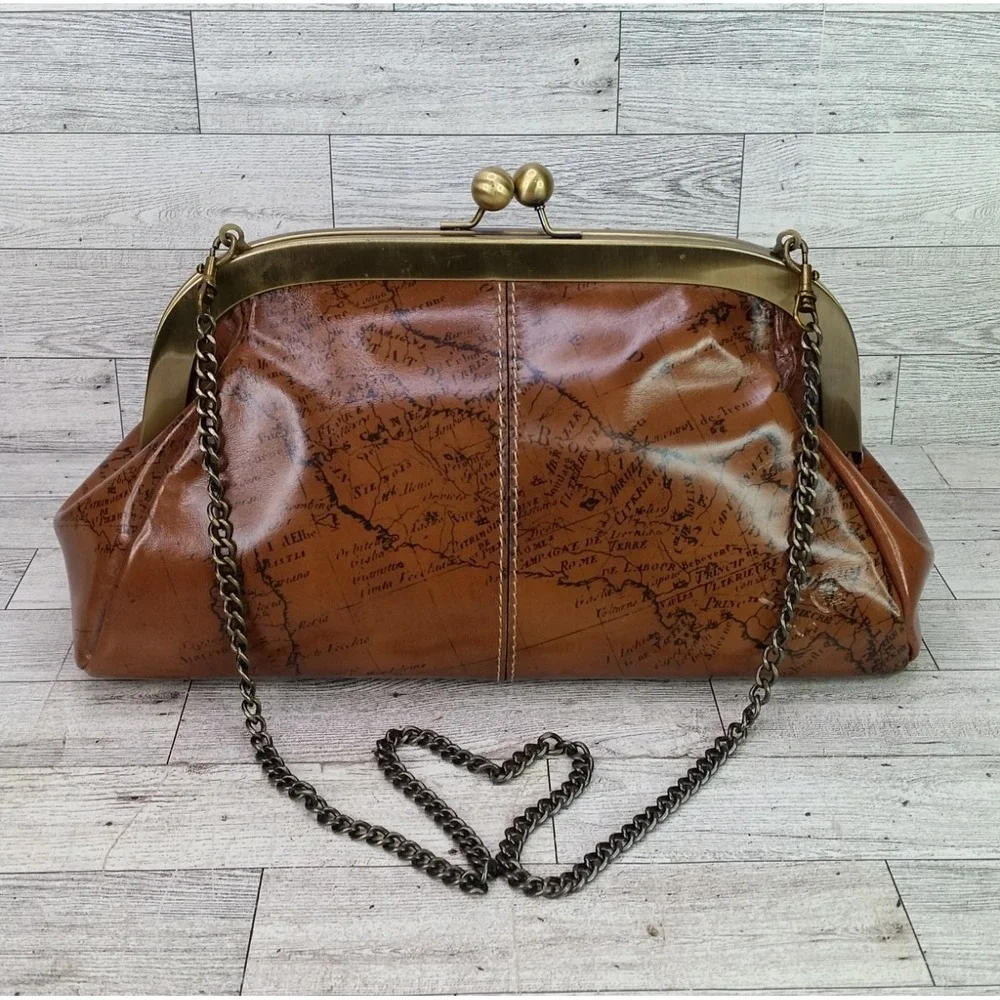 Patricia Nash Mia Leather Shoulder Bag Map Design Framed Satchel Kisslock Brown